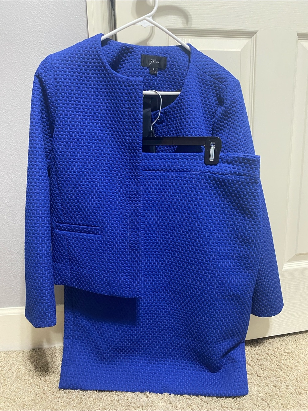 J. Crew Cobalt Textured Collarless Jacket & Skirt Set